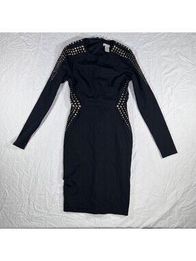 Cache Size 0 Black Gold Studded Long Sleeve Bodycon Sheath Cocktail Dress